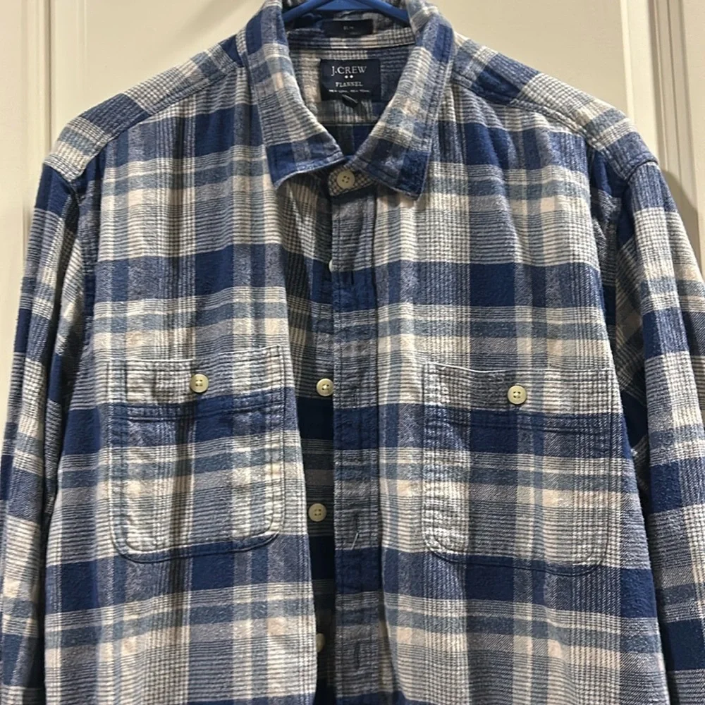 J. Crew Slim Plaid Flannel button down Shirt long sleeves pockets size L blue